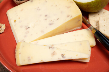 Piece of Dutch Gouda cheese made from cow milk with added walnuts close up
