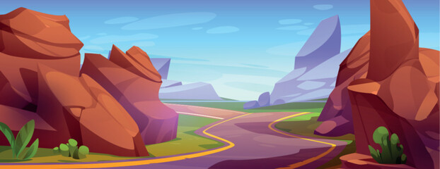 Winding mountain road perspective. Vector cartoon illustration of huge rocky stones and green plants along steep highway with sharp turns, sunny blue sky, vacation travel route, canyon on horizon