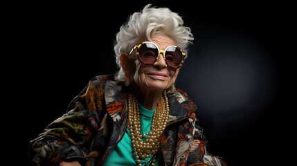 Obraz premium Crazy old granny with gold chain, watch and sunglasses, funny old woman with gray hair, expressive mature and happy smiling grandmother in colorful close-up portrait | Generative AI