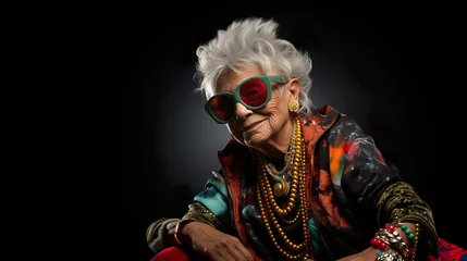 Fotobehang Crazy old granny with gold chain, watch and sunglasses, funny old woman with gray hair, expressive mature and happy smiling grandmother in colorful close-up portrait   Generative AI © DigitalDreamscape