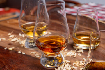 Tasting of different Scotch whiskies strong alcoholic drinks, drum of whiskey and colorful Scotch tartan on background close up