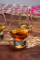 Tasting of different Scotch whiskies strong alcoholic drinks, drum of whiskey and colorful Scotch tartan on background close up