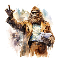 Watercolor bigfoot, yeti, png, Sasquatch Conductor: With conductor's baton and sheet music, bright image, watercolour style on white background