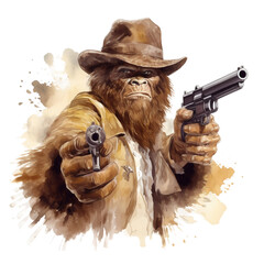 Watercolor bigfoot, yeti, png, Sasquatch Sheriff: With Sheriff's star and gun, vivid image, watercolour style on white background