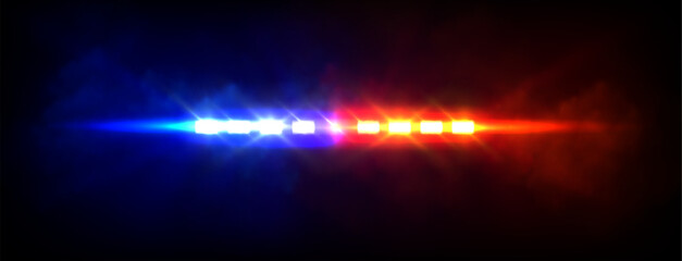 Emergency or police car siren flashing lights with overlay effect. Realistic vector illustration of red and blue cop or ambulance vehicle flare with beams surrounded by fog on dark night background. © klyaksun
