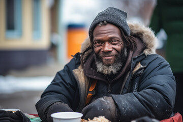 Portrait of smiling old African American homeless man sitting on street. Poverty, misery, bankruptcy, homelessness, crisis, social welfare concept