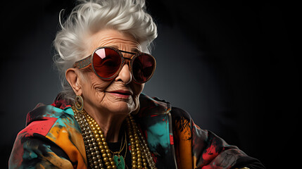Crazy old granny with gold chain, watch and sunglasses, funny old woman with gray hair, expressive mature and happy smiling grandmother in colorful close-up portrait | Generative AI