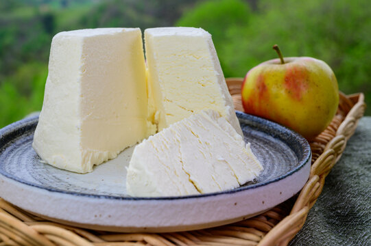 Spanish Afuega'l pitu unpasteurised cow's milk cheese from Asturias served outdoor with apples and view on green slopes of Picos de Europa mountains