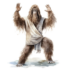 Watercolor bigfoot, yeti, png, Sasquatch Yoga Instructor: In light clothing and carrying a yogamat, watercolour style on a white background