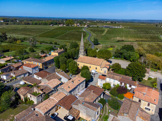 Aerial view on Sauternes village and vineyards, making of sweet dessert Sauternes wines from...