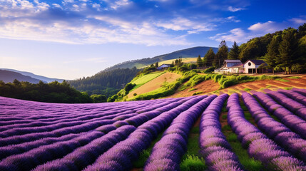Picturesque lavender field with rows of purple blooms, Small path for visitors and gentle hill in background, AI Generated