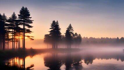 mist-covered forest at dawn.