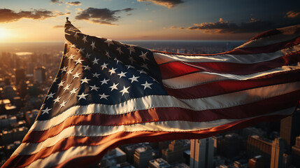 The American flag with city blurred background.