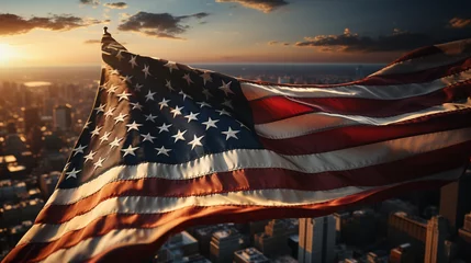 Poster de jardin Etats Unis The American flag with city blurred background.