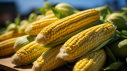 Fresh corn cobs on a wooden table. Close-up photo.