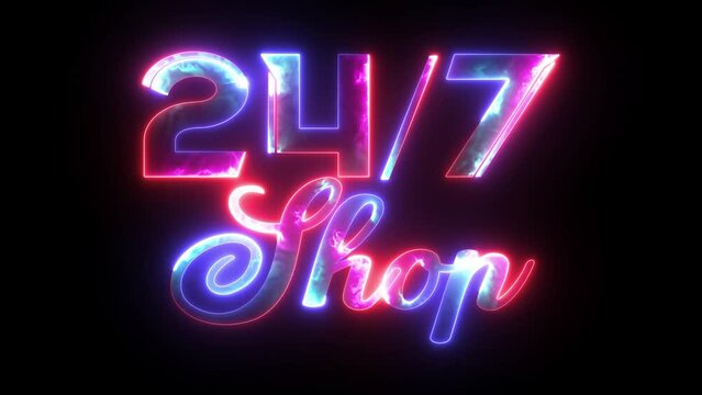 Neon text 24/7 Shop, lettering. Glowing blue and purple neon word 24/7 Shop. Glowing alphabet with letters