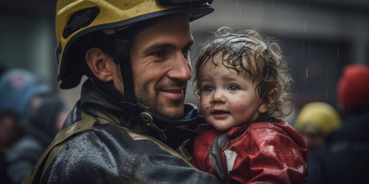 fireman rescues child from fire Generative AI