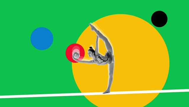Beautiful and flexible graceful athlete rhythmic gymnastic artist performing over multicolored background. Stop motion, animation. Concept of professional sport, competition, dynamics. Poster, ad