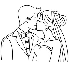 Happy Bride and Groom kissing in wedding dress outline