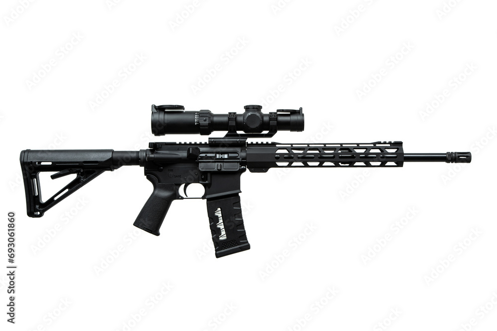 Poster Modern automatic carbine with optical sight. Weapons for police, special forces and the army. Automatic carbine. Assault rifle on white back. Isolate on a white back