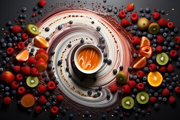 seeds, fruits and yogurt vortex pattern