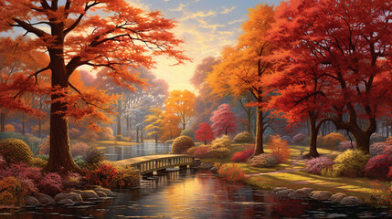 Immerse yourself in the beauty of an autumn city park, where a forest path is adorned with orange trees and a ground covered in red-brown maple leaves, the nature scene