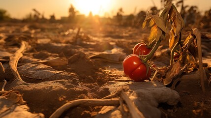 Dry plants from drought in the garden. The dried bushes of a tomato on sunny day. The plant withered from lack of water. The concept of global warming and strong heat. - 693063285