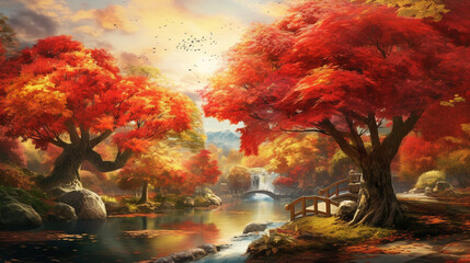 Traverse an enchanting autumn landscape where nature's palette turns to warm tones, with trees adorned in golden and red leaves, the serene beauty captured in stunning HD clarity.