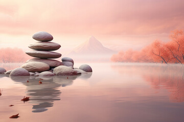 Obraz na płótnie Canvas Zen stones stacked by a peaceful stream in a peach fuzz landscape