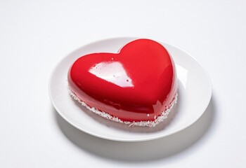 heart shaped glazed valentine cake on white plate on white background