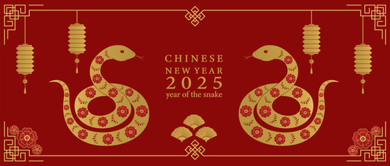 Chinese New Year 2025. Red background with golden snake. Vector illustration