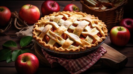 Apple Pie background. National Pie Day, Thanksgiving traditional dessert, autumn bakery concept. .For postcard, banner, wallpaper, backdrop, web, card, poster, cover, print. Copy space.