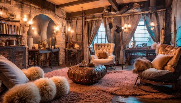 A fantasy Middle Ages castle room filled with cushions and fluffy rugs
