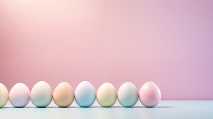 a group of pastel colored easter eggs sitting next to each other on a light pink surface, easter...