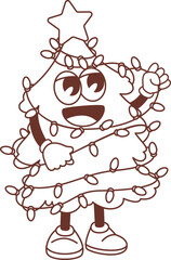 Groovy Christmas Tree character vector illustration. Cartoon monochrome psychedelic retro sticker of Christmas fir mascot with happy trippy face, funny arms and legs, star and festive garland