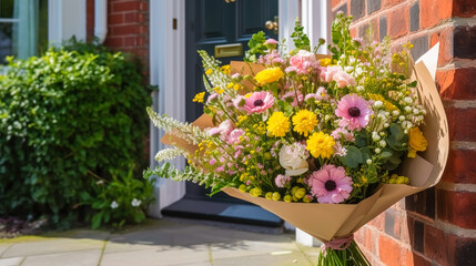 Fototapeta na wymiar Flower shop delivery and holiday gift postal service, beautiful bouquet of flowers on a house doorstep in the countryside, generative ai