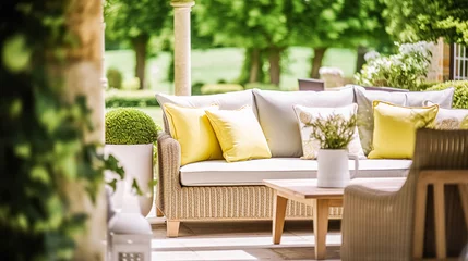 Papier Peint photo Jardin Garden furniture in the countryside in summer, home decor and interior design, generative ai