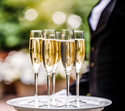 Luxury service, glasses of champagne served by a waiter at a wedding celebration or event in formal English style at luxurious hotel or country estate garden, generative ai