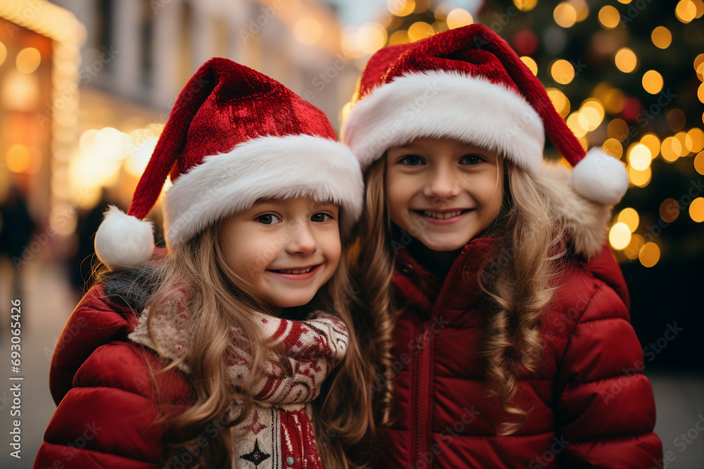 Poster Ai generated picture image of cheerful children walking christmas decorated city