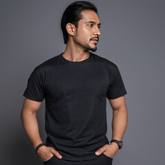 Fototapeta premium A man wearing a black t shirt
