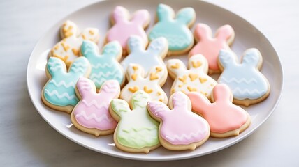 Fototapeta na wymiar Bunny Shaped Sugar Cookies with Pastel Icing