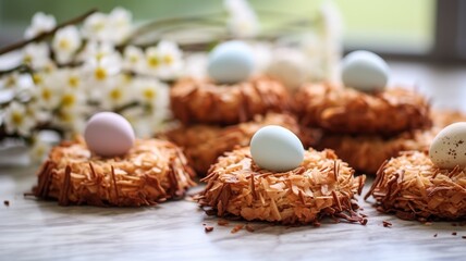 Fototapeta na wymiar Easter Egg Nest Cookies: Coconut Macaroons with Mini Chocolate Eggs