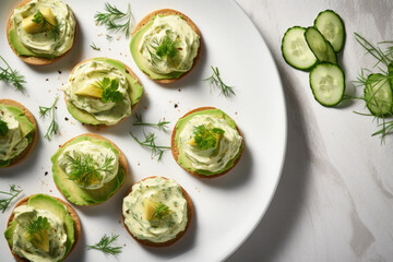 Delicious canapes with garlic, cream cheese and avocado on the plate close up - Powered by Adobe