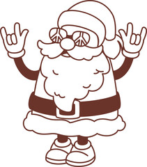 Groovy Santa Claus character with horns gesture vector illustration. Cartoon monochrome quirky retro sticker of old Santa with funky hippie glasses and funny beard, comic hippy Xmas celebration mascot