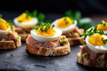 Delicious canapes with tuna and egg on the plate close up