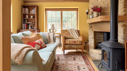 Yellow cottage sitting room, living room interior design and country house home decor, sofa and lounge furniture, English countryside style