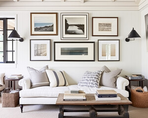 Gallery wall, home decor and wall art over sofa, framed art in modern English country cottage...