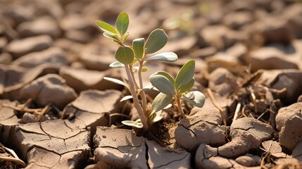 Global warming and climate changing concept. Green plant growth in cracked soil ground land. - 693066691