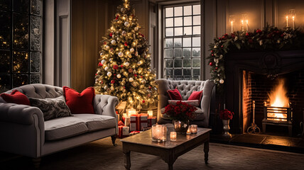 Fototapeta na wymiar Christmas at the manor, English countryside decoration and interior decor