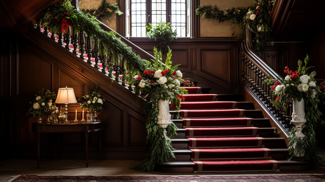 Christmas at the manor, grand entrance hall with staircase and Christmas tree, English countryside decoration and interior decor